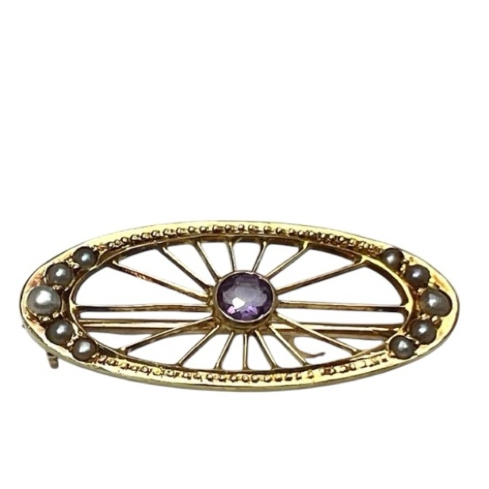 SOLD Victorian Antique, 14k Gold Amethyst and Silver Seed Pearl Brooch